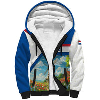Netherlands Sherpa Hoodie Dutch Windmill and Tulip Field Landscape in National Flag Colors - Wonder Print Shop
