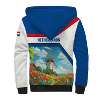 Netherlands Sherpa Hoodie Dutch Windmill and Tulip Field Landscape in National Flag Colors - Wonder Print Shop