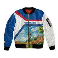 Netherlands Sleeve Zip Bomber Jacket Dutch Windmill and Tulip Field Landscape in National Flag Colors - Wonder Print Shop