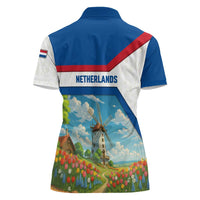 Netherlands Women Polo Shirt Dutch Windmill and Tulip Field Landscape in National Flag Colors - Wonder Print Shop