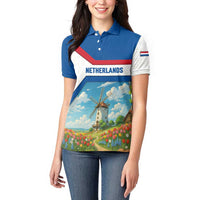 Netherlands Women Polo Shirt Dutch Windmill and Tulip Field Landscape in National Flag Colors - Wonder Print Shop