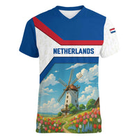 Netherlands Women V-Neck T-Shirt Dutch Windmill and Tulip Field Landscape in National Flag Colors - Wonder Print Shop