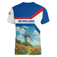 Netherlands Women V-Neck T-Shirt Dutch Windmill and Tulip Field Landscape in National Flag Colors - Wonder Print Shop