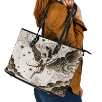Eros Greek Mythology Cupid God Of Love Leather Tote Bag Winged Archer Eros Bow Arrow And Celestial Clouds