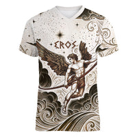 Eros Greek Mythology Cupid God Of Love Women V-Neck T-Shirt Winged Archer Eros Bow Arrow And Celestial Clouds