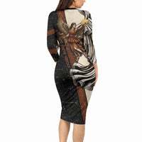 Nike Goddess Long Sleeve Bodycon Dress Winged Goddess Lyre Instrument And Greek Key