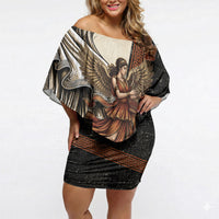 Nike Goddess Off Shoulder Short Dress Winged Goddess Lyre Instrument And Greek Key