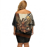 Nike Goddess Off Shoulder Short Dress Winged Goddess Lyre Instrument And Greek Key