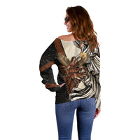 Nike Goddess Off Shoulder Sweater Winged Goddess Lyre Instrument And Greek Key