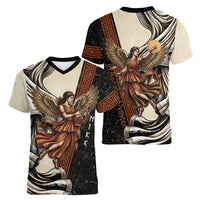 Nike Goddess Women V-Neck T-Shirt Winged Goddess Lyre Instrument And Greek Key