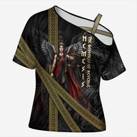 Nemesis Goddess Of Revenge Cross Shoulder Shirt Winged Nemesis Scales Of Justice - Gold Greek Key