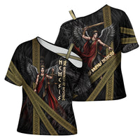 Nemesis Goddess Of Revenge Cross Shoulder Shirt Winged Nemesis Scales Of Justice - Gold Greek Key