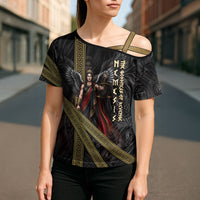 Nemesis Goddess Of Revenge Cross Shoulder Shirt Winged Nemesis Scales Of Justice - Gold Greek Key