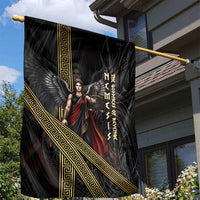 Nemesis Goddess Of Revenge Garden Flag Winged Nemesis Scales Of Justice - Gold Greek Key