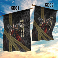 Nemesis Goddess Of Revenge Garden Flag Winged Nemesis Scales Of Justice - Gold Greek Key