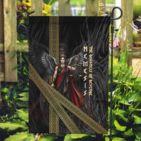 Nemesis Goddess Of Revenge Garden Flag Winged Nemesis Scales Of Justice - Gold Greek Key