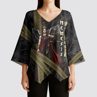 Nemesis Goddess Of Revenge Kimono Sleeve Blouse Winged Nemesis Scales Of Justice - Gold Greek Key