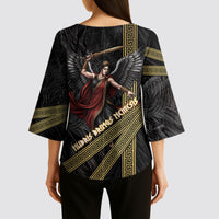 Nemesis Goddess Of Revenge Kimono Sleeve Blouse Winged Nemesis Scales Of Justice - Gold Greek Key