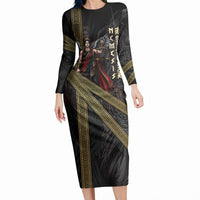 Nemesis Goddess Of Revenge Long Sleeve Bodycon Dress Winged Nemesis Scales Of Justice - Gold Greek Key