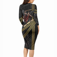 Nemesis Goddess Of Revenge Long Sleeve Bodycon Dress Winged Nemesis Scales Of Justice - Gold Greek Key