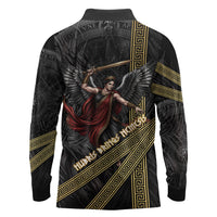 Nemesis Goddess Of Revenge Long Sleeve Polo Shirt Winged Nemesis Scales Of Justice - Gold Greek Key