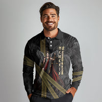 Nemesis Goddess Of Revenge Long Sleeve Polo Shirt Winged Nemesis Scales Of Justice - Gold Greek Key