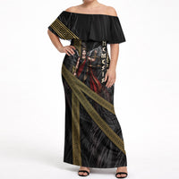 Nemesis Goddess Of Revenge Off Shoulder Maxi Dress Winged Nemesis Scales Of Justice - Gold Greek Key