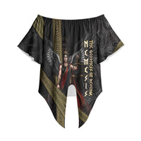 Nemesis Goddess Of Revenge Off Shoulder Wrap Waist Top Winged Nemesis Scales Of Justice - Gold Greek Key