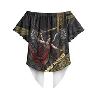 Nemesis Goddess Of Revenge Off Shoulder Wrap Waist Top Winged Nemesis Scales Of Justice - Gold Greek Key