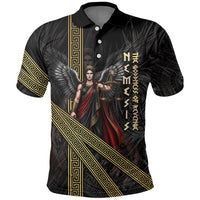 Nemesis Goddess Of Revenge Polo Shirt Winged Nemesis Scales Of Justice - Gold Greek Key