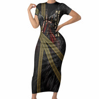 Nemesis Goddess Of Revenge Short Sleeve Bodycon Dress Winged Nemesis Scales Of Justice - Gold Greek Key