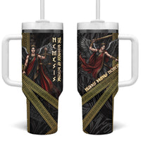 Nemesis Goddess Of Revenge Tumbler With Handle Winged Nemesis Scales Of Justice - Gold Greek Key