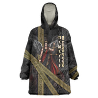 Nemesis Goddess Of Revenge Wearable Blanket Hoodie Winged Nemesis Scales Of Justice - Gold Greek Key