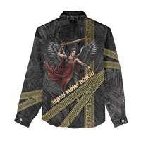 Nemesis Goddess Of Revenge Women Casual Shirt Winged Nemesis Scales Of Justice - Gold Greek Key