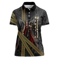Nemesis Goddess Of Revenge Women Polo Shirt Winged Nemesis Scales Of Justice - Gold Greek Key