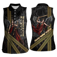 Nemesis Goddess Of Revenge Women Sleeveless Polo Shirt Winged Nemesis Scales Of Justice - Gold Greek Key