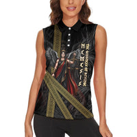 Nemesis Goddess Of Revenge Women Sleeveless Polo Shirt Winged Nemesis Scales Of Justice - Gold Greek Key