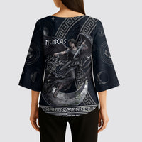 Nemesis Goddess Kimono Sleeve Blouse Winged Nemesis Crescent Moon Sword Greek Key