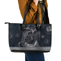 Nemesis Goddess Leather Tote Bag Winged Nemesis Crescent Moon Sword Greek Key
