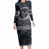Nemesis Goddess Long Sleeve Bodycon Dress Winged Nemesis Crescent Moon Sword Greek Key