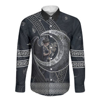 Nemesis Goddess Long Sleeve Button Shirt Winged Nemesis Crescent Moon Sword Greek Key