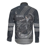 Nemesis Goddess Long Sleeve Button Shirt Winged Nemesis Crescent Moon Sword Greek Key
