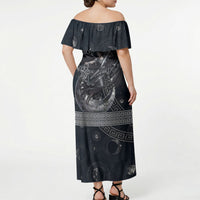 Nemesis Goddess Off Shoulder Maxi Dress Winged Nemesis Crescent Moon Sword Greek Key