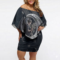 Nemesis Goddess Off Shoulder Short Dress Winged Nemesis Crescent Moon Sword Greek Key