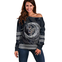 Nemesis Goddess Off Shoulder Sweater Winged Nemesis Crescent Moon Sword Greek Key