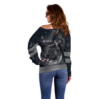 Nemesis Goddess Off Shoulder Sweater Winged Nemesis Crescent Moon Sword Greek Key