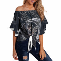 Nemesis Goddess Off Shoulder Wrap Waist Top Winged Nemesis Crescent Moon Sword Greek Key