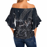 Nemesis Goddess Off Shoulder Wrap Waist Top Winged Nemesis Crescent Moon Sword Greek Key