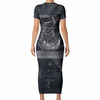 Nemesis Goddess Short Sleeve Bodycon Dress Winged Nemesis Crescent Moon Sword Greek Key