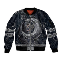 Nemesis Goddess Sleeve Zip Bomber Jacket Winged Nemesis Crescent Moon Sword Greek Key